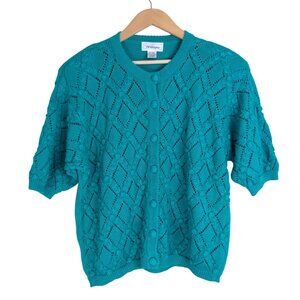 Vintage WORTHINGTON Women's Teal Green Rose Short Sleeve Cardigan Sweater XL